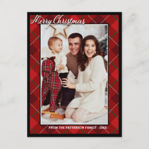Elegant Tartan Style Merry Christmas Family Photo Postcard