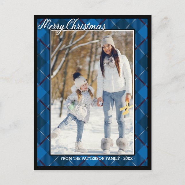 Elegant Tartan Style Merry Christmas Family Photo Postcard (Front)