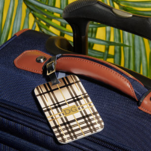 Elegant Taupe and Gold Plaid Monogrammed Luggage Tag