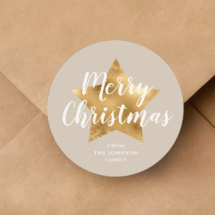 Elegant Taupe Beige Faux Gold Star Merry Christmas Classic Round Sticker