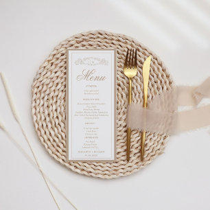 Elegant Taupe botanical crest monogram wedding Menu