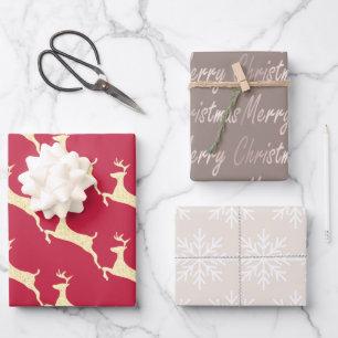 Elegant Taupe Cream Red Reindeer Snowflake Wrapping Paper Sheet