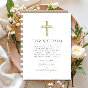Elegant Taupe Cross Boy Baptism Thank You Card