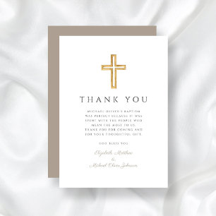 Elegant Taupe Cross Boy Baptism Thank You Card