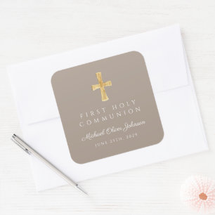 Elegant Taupe Cross Boy First Communion Square Sticker