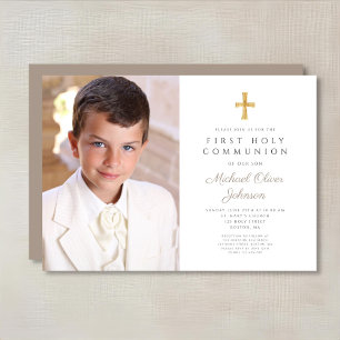 Elegant Taupe Cross Photo Boy First Communion Invitation