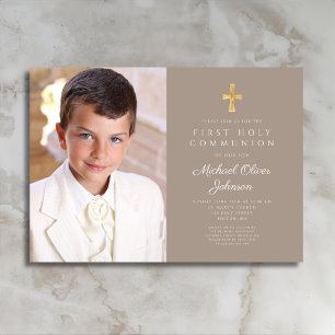 Elegant Taupe Cross Photo Boy First Communion Invitation