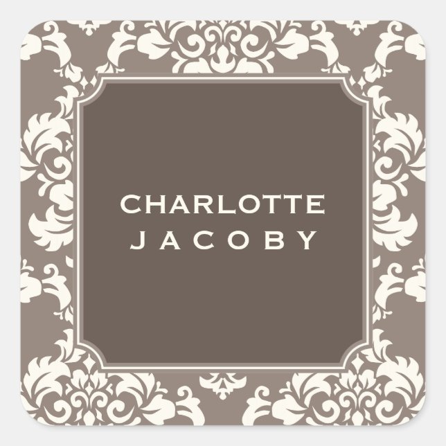 Elegant Taupe Damask Personalised Sticker (Front)