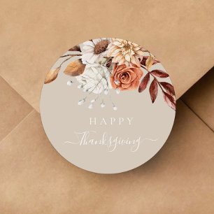 Elegant Taupe Fall Floral Happy Thanksgiving Classic Round Sticker