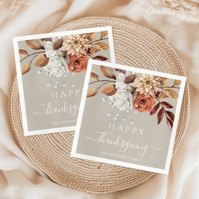 Elegant Taupe Fall Floral Happy Thanksgiving Napkin (Elegant Taupe Fall Floral Happy Thanksgiving Napkins
)