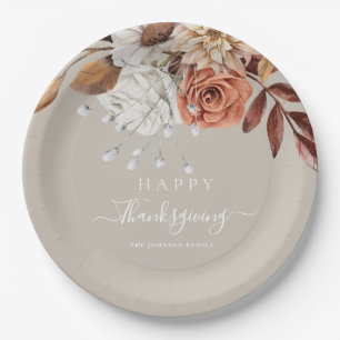 Elegant Taupe Fall Floral Happy Thanksgiving Paper Plate