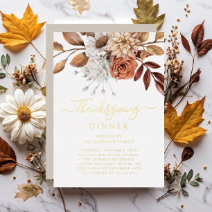 Elegant Taupe Fall Floral Thanksgiving Dinner Gold