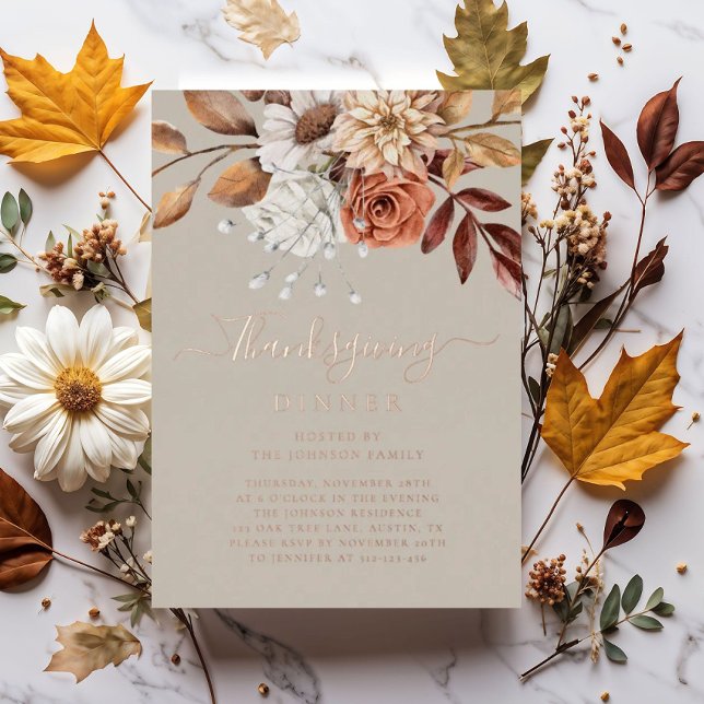 Elegant Taupe Fall Floral Thanksgiving Dinner Gold (Elegant Taupe Fall Floral Thanksgiving Dinner Gold Foil Invitation)