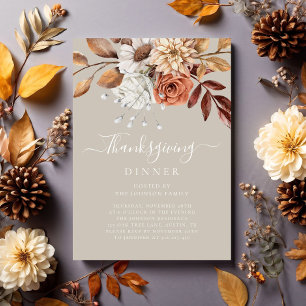 Elegant Taupe Fall Floral Thanksgiving Dinner Invitation