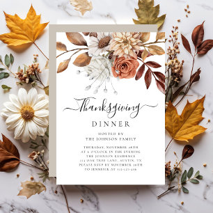 Elegant Taupe Fall Floral Thanksgiving Dinner Invitation