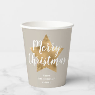 Elegant Taupe Faux Gold Star Merry Christmas Paper Cups