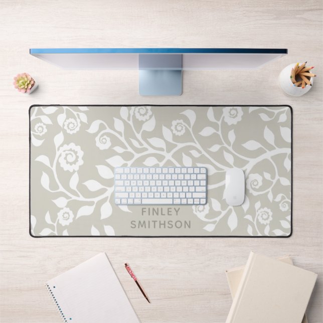    Elegant Taupe Floral Add Your Name Pretty Girly Desk Mat (Office 1)