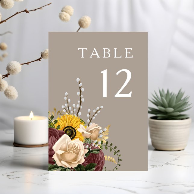 Elegant Taupe Floral Wedding Table Number (Elegant Taupe Floral Wedding Table Number)