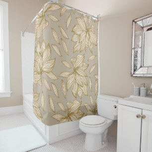 Elegant Taupe Gold Glitter Floral Line Art Shower Curtain