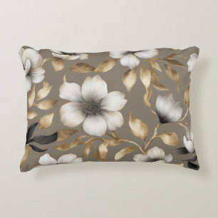 Elegant Taupe Gold White Floral Decorative Cushion