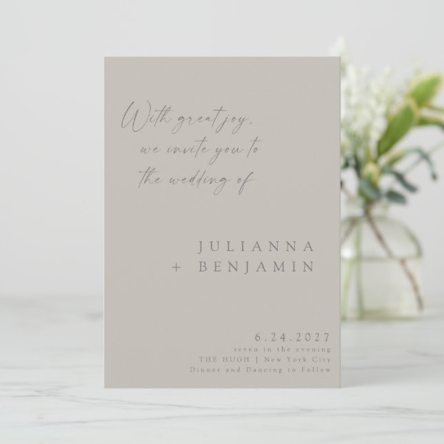 Elegant Taupe Grey Minimalist Chic Script Wedding Invitation (Standing Front)