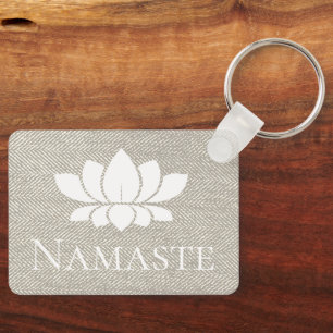 Elegant Taupe Herringbone Namaste White Lotus Key Ring