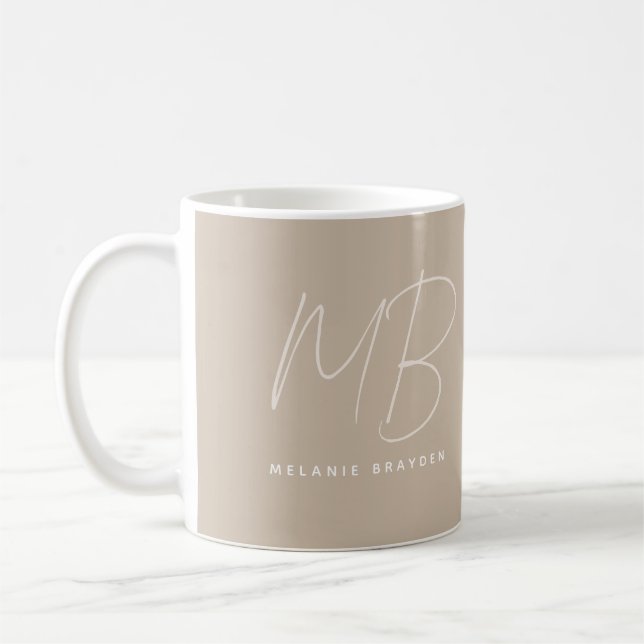 Elegant Taupe Minimalist Two Monogram Name Coffee Mug (Left)