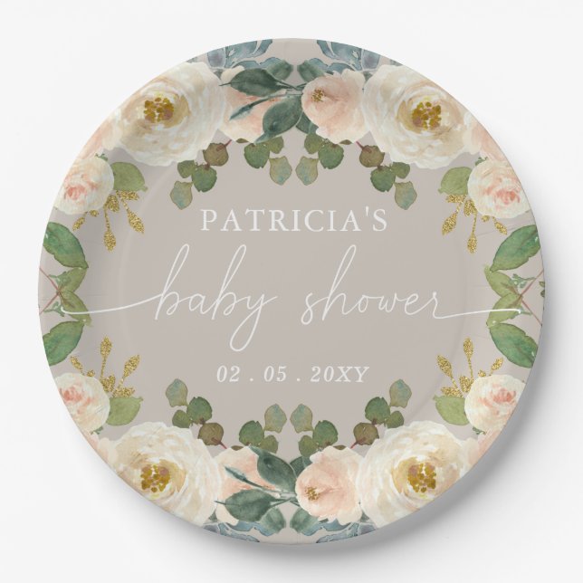 Elegant Taupe Peach Floral Baby Shower Paper Plate (Front)