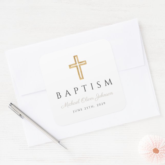 Elegant Taupe Religious Cross Baptism Square Sticker (Envelope)
