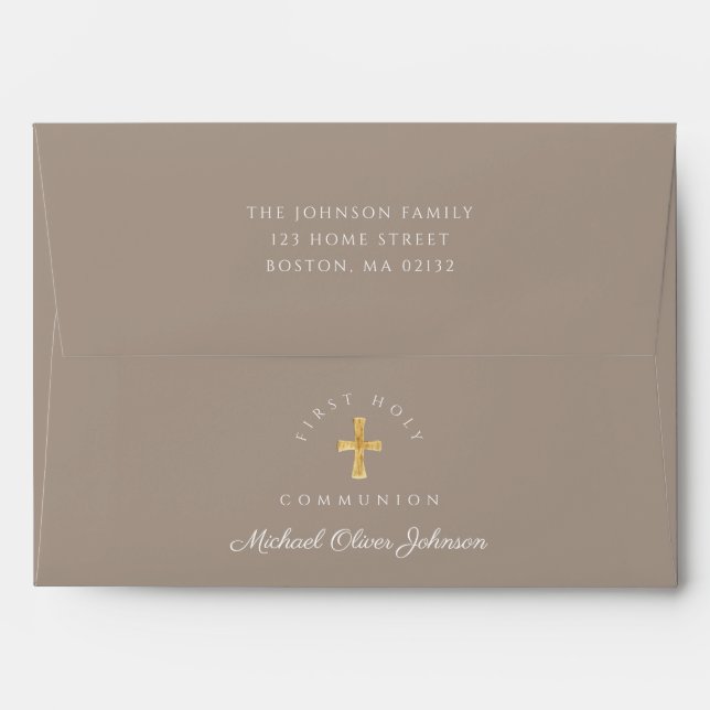 Elegant Taupe Religious Cross Boy First Communion Envelope (Back (Top Flap))