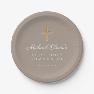 Elegant Taupe Religious Cross First Communion Paper Plate