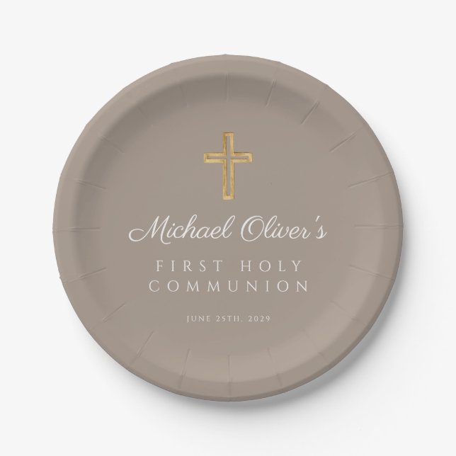 Elegant Taupe Religious Cross First Communion Paper Plate (Front)