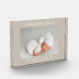 Elegant Taupe Script Baptism Photo Block