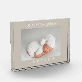 Elegant Taupe Script Baptism Photo Block