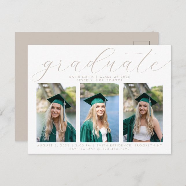 Elegant Taupe Script Minimalist Graduation 3 Photo Invitation Postcard (Front/Back)