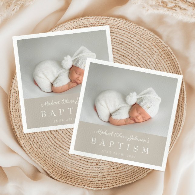 Elegant Taupe Script Photo Baptism Napkin (Elegant Taupe Script Photo Baptism Napkins)