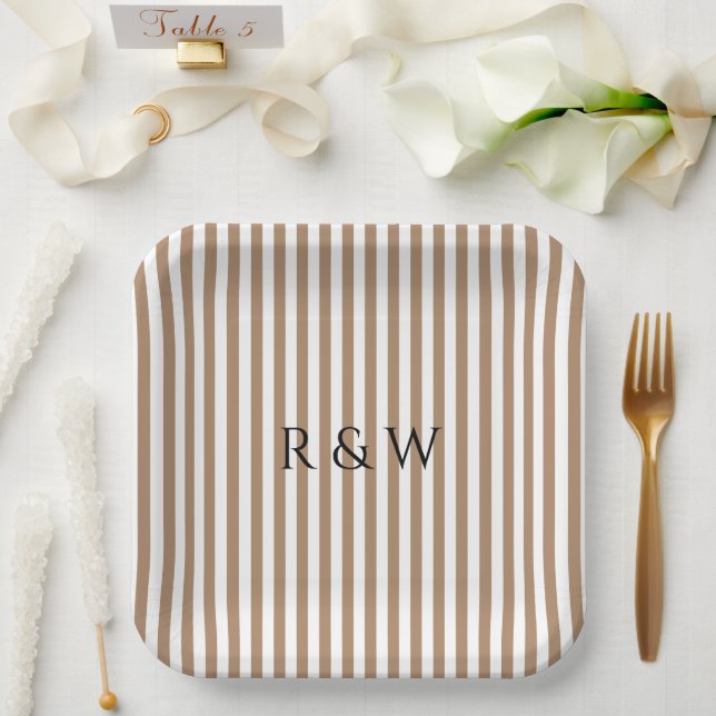 Elegant Taupe Stripes Summer Striped Wedding Paper Plate (Wedding)