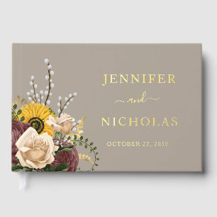 Elegant Taupe Sunflower Wedding Gold Guest Book