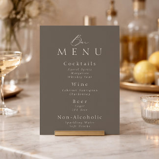 Elegant Taupe Wedding Bar Menu Sign Invitation