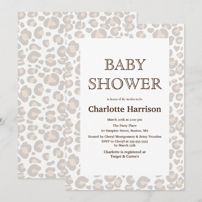 Elegant Taupe & White Cheetah Print Baby Shower Invitation (Front/Back)