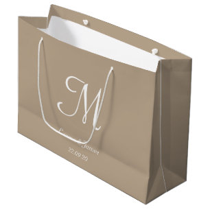 Elegant Taupe & White Monogram Name Wedding Party Large Gift Bag