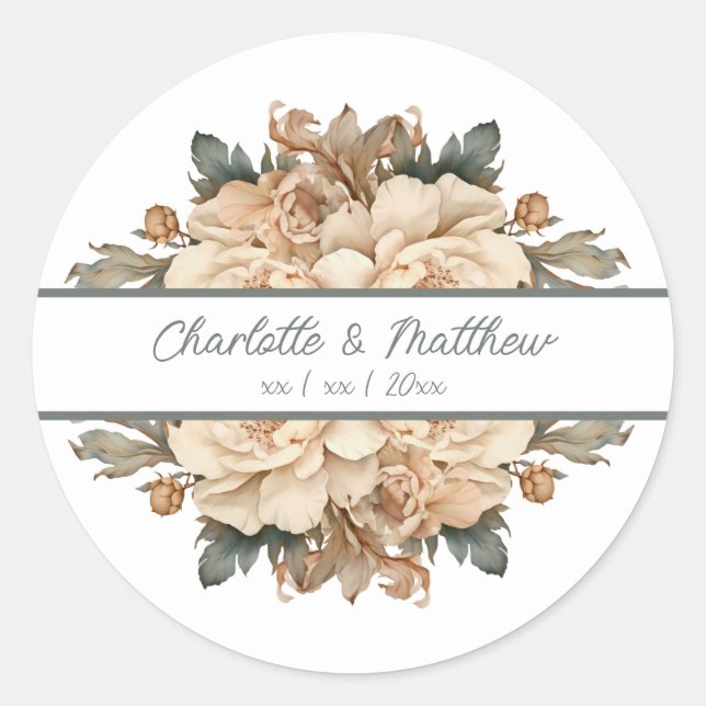 Elegant Taupe With Green Floral Wedding Classic Round Sticker (Front)