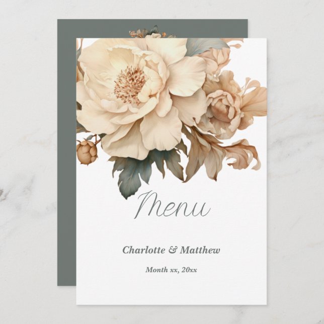 Elegant Taupe With Green Floral Wedding  Menu (Front/Back)