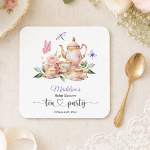 Elegant Tea Party Butterflies Baby Shower Square Paper Coaster
