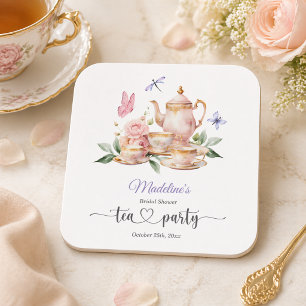 Elegant Tea Party Butterflies Bridal Shower  Square Paper Coaster
