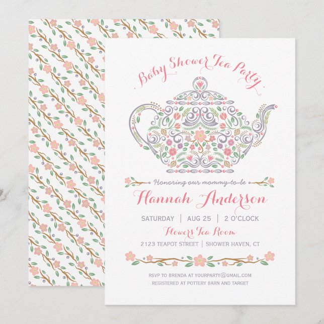 Elegant Tea Party Girl Baby Shower • Teapot Invitation (Front/Back)