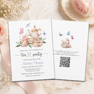 Elegant Tea Party QR Code Butterfly Bridal Shower  Invitation