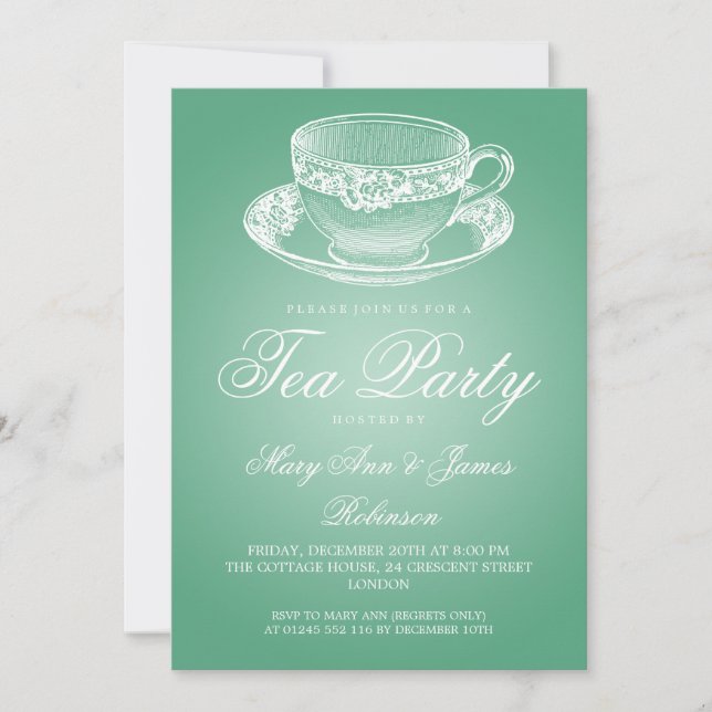 Elegant Tea Party Vintage Tea Cup Mint Invitation (Front)