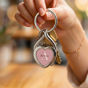 Elegant Tea Rose Pink Monogram Name Heart Key Ring