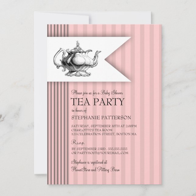 Elegant Tea Ticking Stripe Baby Shower Tea Party Invitation (Front)